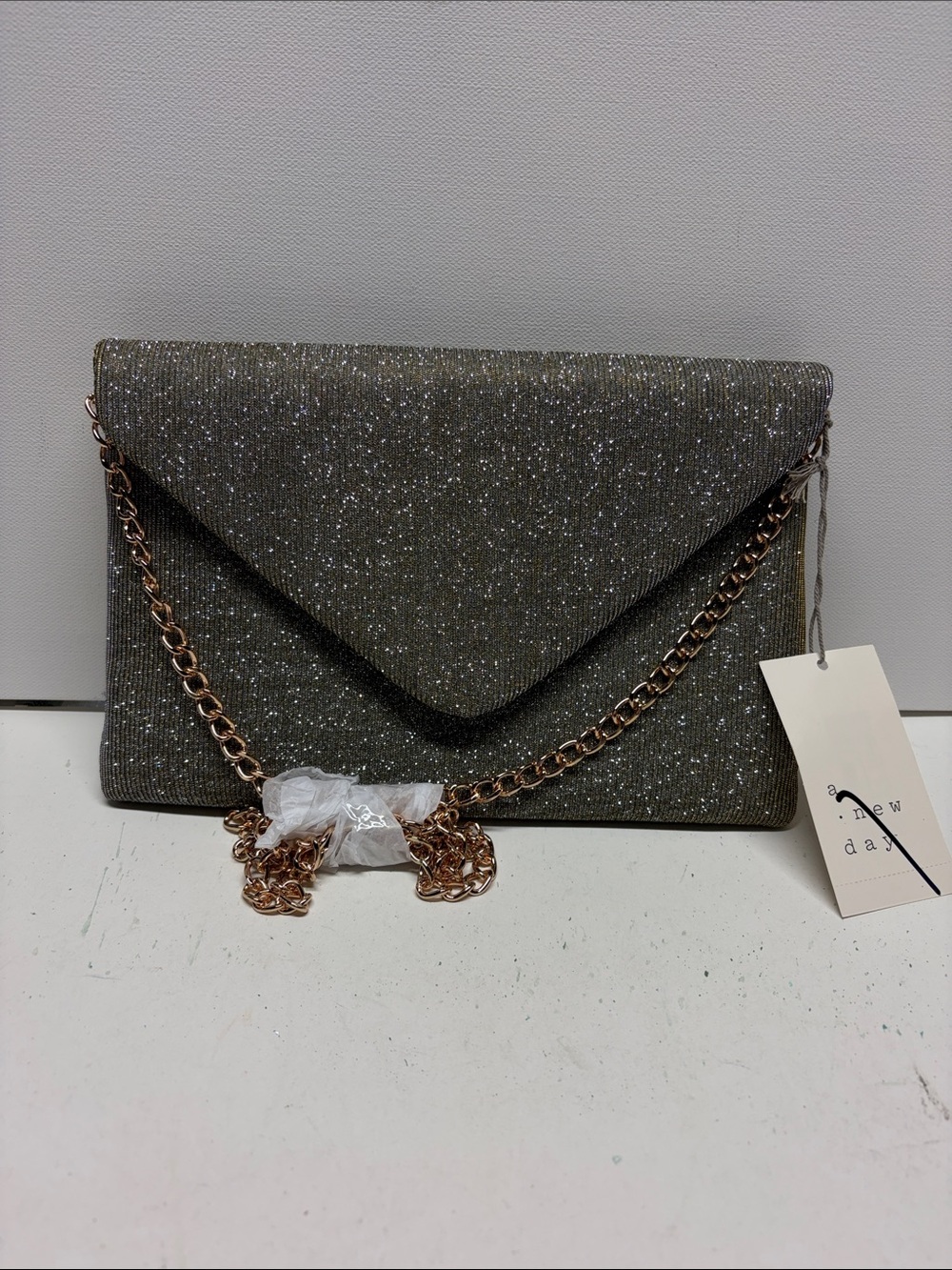 a new day Glitter Envelope Clutch with Rose Gold Chain
